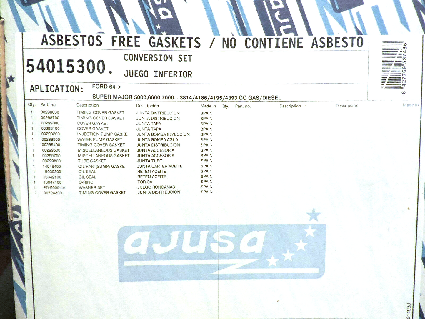 Ajusa crankcase gasket set compatible with 1973-93 Ford Tractors 5000 6000 7000 Series